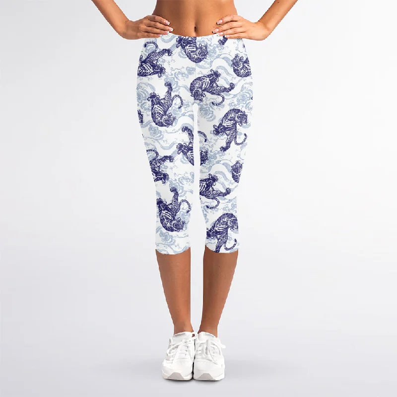 Japanese White Tiger Pattern Print Women's Capri Leggings Fashionable Stretchy Fit Leggings Japanese White Tiger Pattern Print Women's Capri Leggings Fashionable Stretchy Fit Leggings