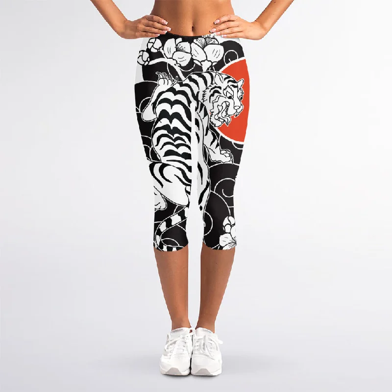 Japanese White Tiger Tattoo Print Women's Capri Leggings Elegant Printed Leggings with Pockets Japanese White Tiger Tattoo Print Women's Capri Leggings Elegant Printed Leggings with Pockets