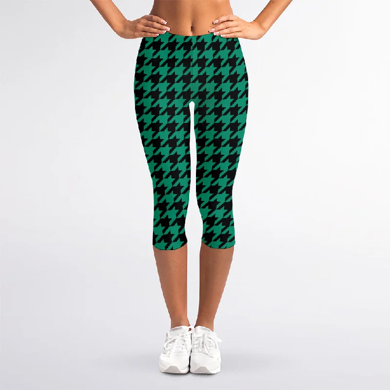 Jungle Green And Black Houndstooth Print Women's Capri Leggings Stylish Capri Leggings Jungle Green And Black Houndstooth Print Women's Capri Leggings Stylish Capri Leggings