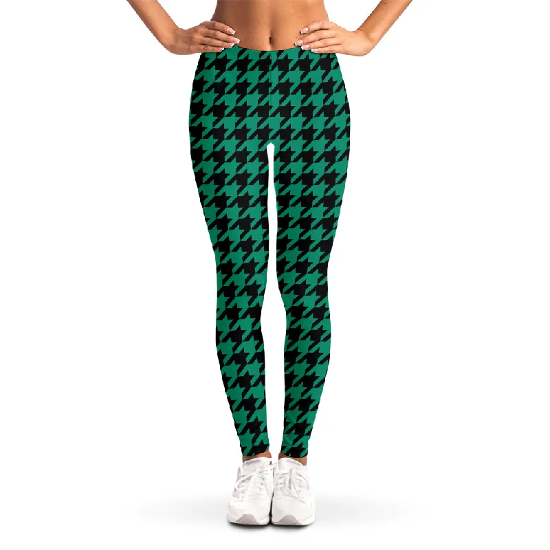 Jungle Green And Black Houndstooth Print Women's Leggings Comfortable Workout Fitness Leggings Jungle Green And Black Houndstooth Print Women's Leggings Comfortable Workout Fitness Leggings