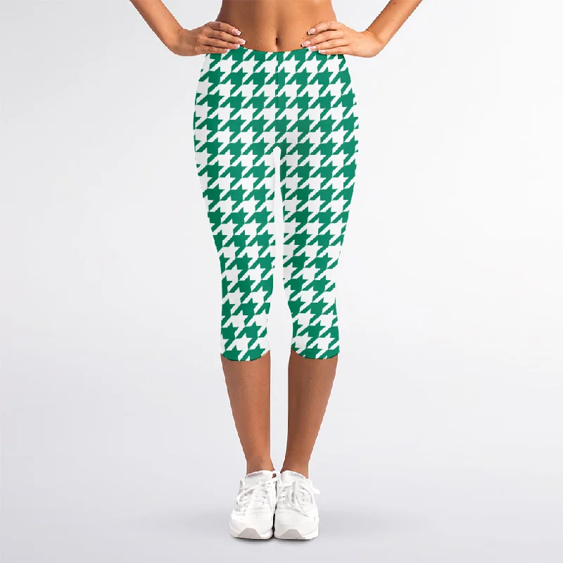 Jungle Green And White Houndstooth Print Women's Capri Leggings Comfortable Bootcut Workout Leggings Jungle Green And White Houndstooth Print Women's Capri Leggings Comfortable Bootcut Workout Leggings