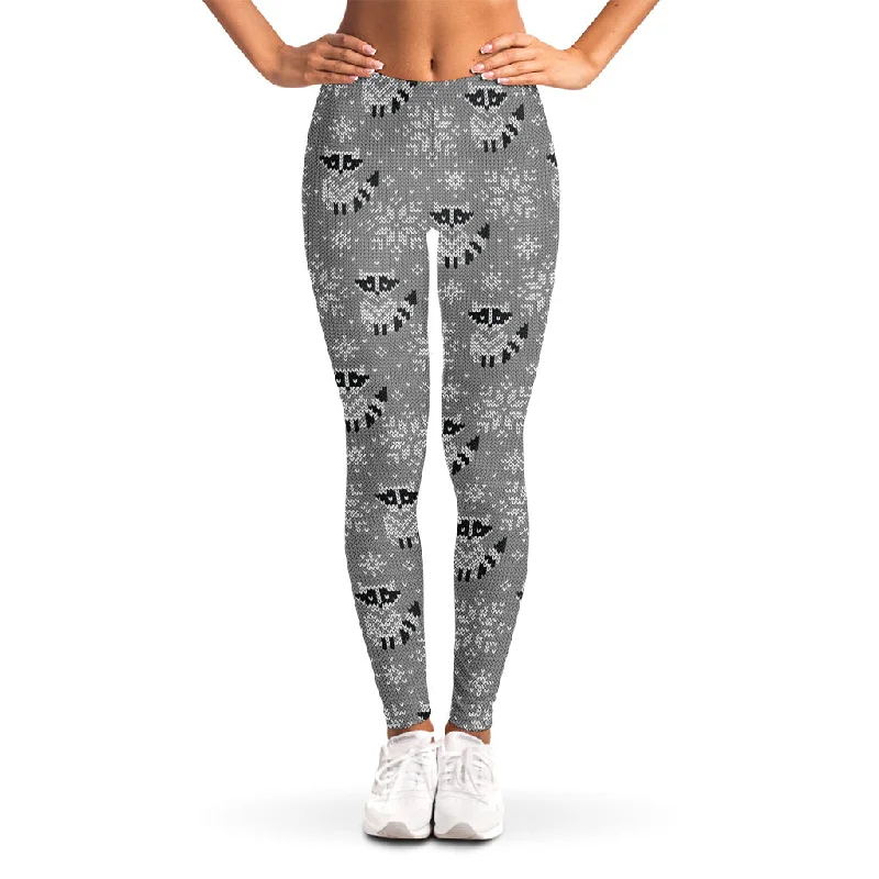 Knitted Raccoon Pattern Print Women's Leggings Cozy Fashion Leggings
