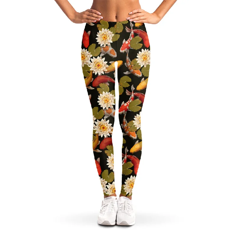 Koi Carp And Lotus Pattern Print Women's Leggings Stylish Compression Fit Leggings