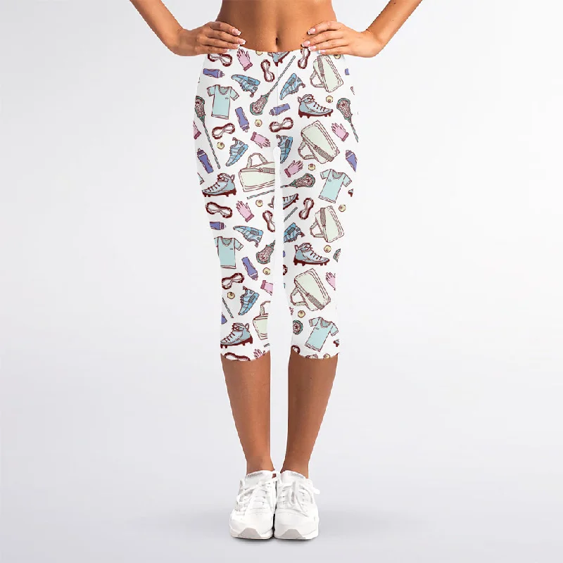 Lacrosse Sport Pattern Print Women's Capri Leggings Stylish Printed Stretch Leggings Lacrosse Sport Pattern Print Women's Capri Leggings Stylish Printed Stretch Leggings