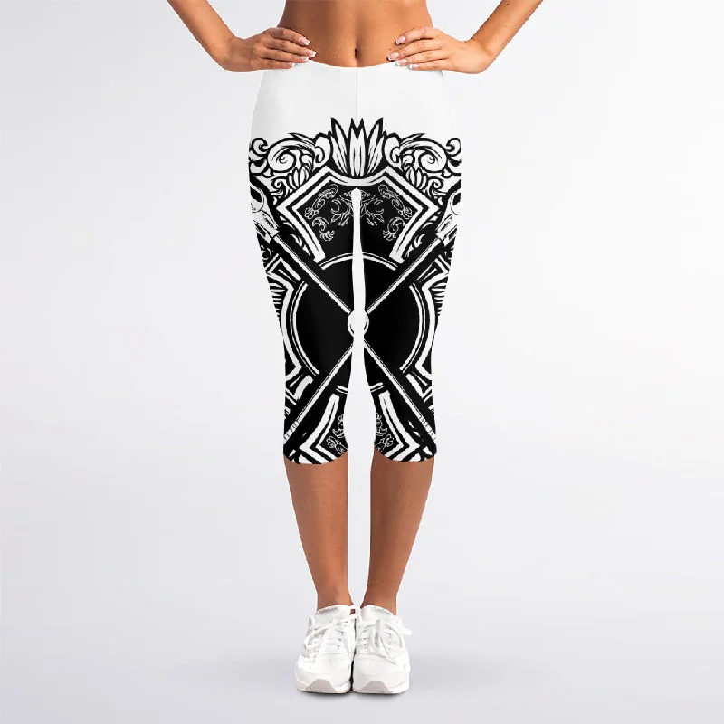 Lacrosse Sticks And Ornate Wing Print Women's Capri Leggings Comfortable Plus Size Leggings Lacrosse Sticks And Ornate Wing Print Women's Capri Leggings Comfortable Plus Size Leggings
