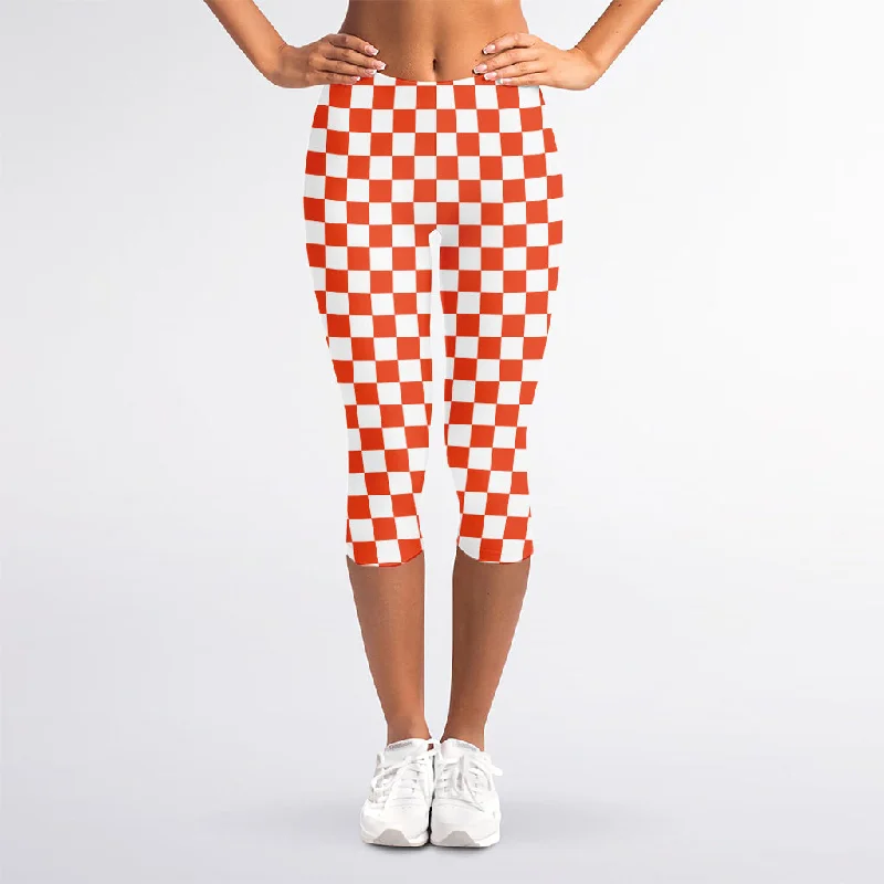 Lava Orange And White Checkered Print Women's Capri Leggings Trendy Full-Length Leggings Lava Orange And White Checkered Print Women's Capri Leggings Trendy Full-Length Leggings