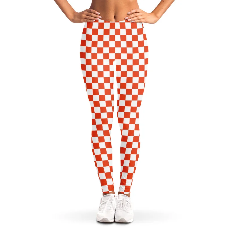 Lava Orange And White Checkered Print Women's Leggings Cozy Workout Performance Leggings Lava Orange And White Checkered Print Women's Leggings Cozy Workout Performance Leggings