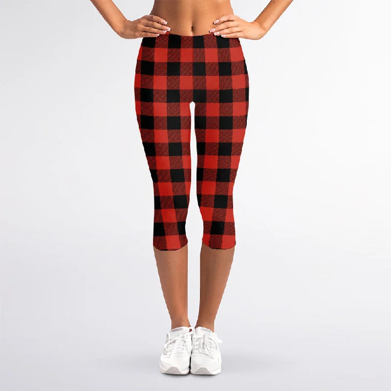 Lava Orange Buffalo Check Pattern Print Women's Capri Leggings Comfortable Wide-Band Leggings Lava Orange Buffalo Check Pattern Print Women's Capri Leggings Comfortable Wide-Band Leggings