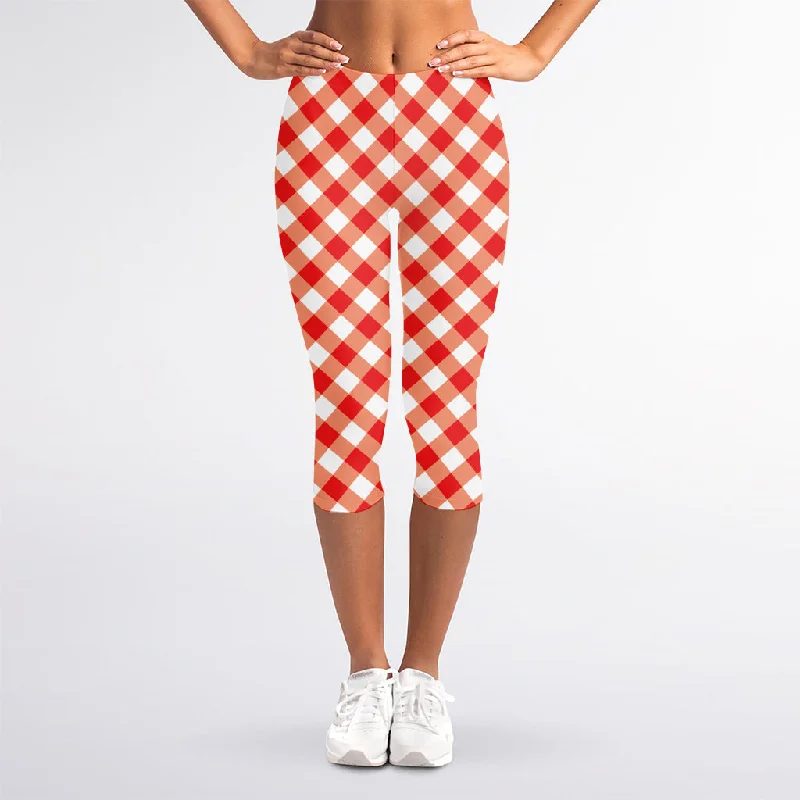 Lava Red And White Gingham Print Women's Capri Leggings Fashionable Moisture-Wicking Leggings Lava Red And White Gingham Print Women's Capri Leggings Fashionable Moisture-Wicking Leggings