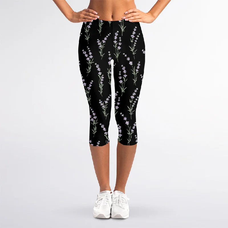 Lavender Flowers Pattern Print Women's Capri Leggings Stylish Printed Sport Leggings Lavender Flowers Pattern Print Women's Capri Leggings Stylish Printed Sport Leggings