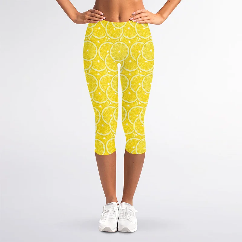 Lemon Slices Pattern Print Women's Capri Leggings Fashionable Stretchy Fit Leggings