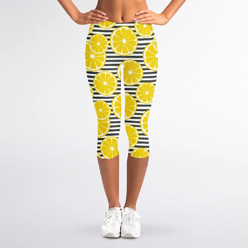Lemon Striped Pattern Print Women's Capri Leggings Trendy Leather-Look Workout Leggings Lemon Striped Pattern Print Women's Capri Leggings Trendy Leather-Look Workout Leggings