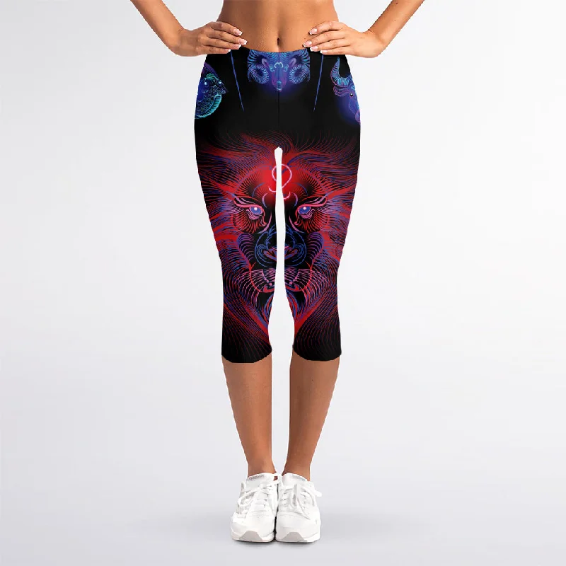 Leo And Astrological Signs Print Women's Capri Leggings Elegant Printed Leggings with Pockets Leo And Astrological Signs Print Women's Capri Leggings Elegant Printed Leggings with Pockets