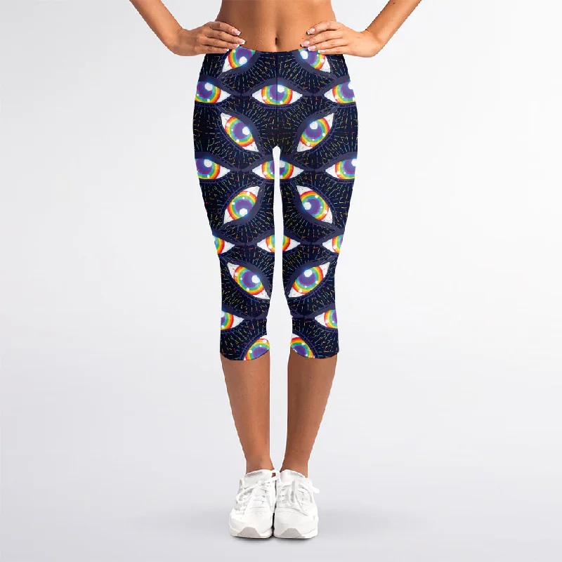 LGBT Pride Rainbow Eyes Pattern Print Women's Capri Leggings Fashionable Ribbed Knit Leggings LGBT Pride Rainbow Eyes Pattern Print Women's Capri Leggings Fashionable Ribbed Knit Leggings
