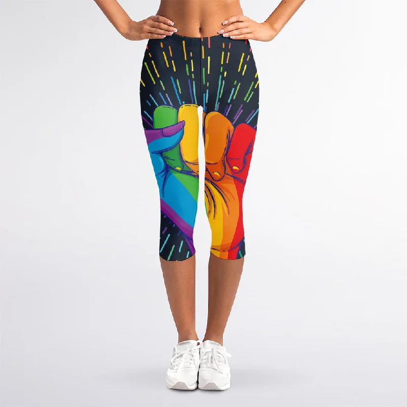 LGBT Pride Rainbow Hand Print Women's Capri Leggings Trendy Sporty Compression Leggings LGBT Pride Rainbow Hand Print Women's Capri Leggings Trendy Sporty Compression Leggings