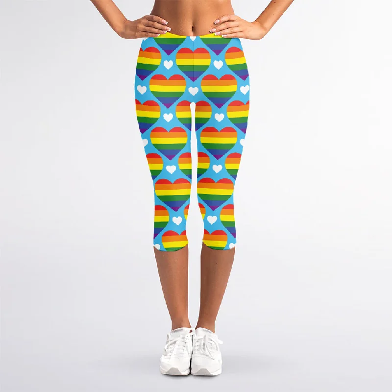 LGBT Pride Rainbow Heart Pattern Print Women's Capri Leggings Elegant Full-Body Leggings LGBT Pride Rainbow Heart Pattern Print Women's Capri Leggings Elegant Full-Body Leggings