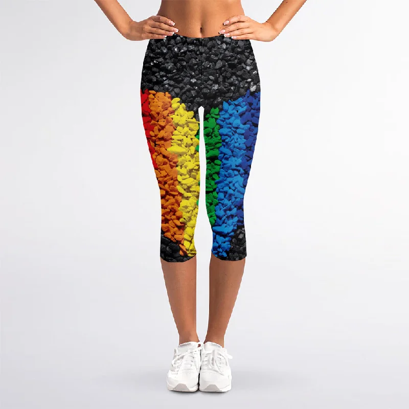 LGBT Pride Rainbow Heart Stones Print Women's Capri Leggings Trendy Cold Weather Tights LGBT Pride Rainbow Heart Stones Print Women's Capri Leggings Trendy Cold Weather Tights
