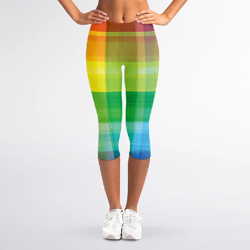 LGBT Pride Rainbow Plaid Pattern Print Women's Capri Leggings Comfortable Zip-Up Leggings