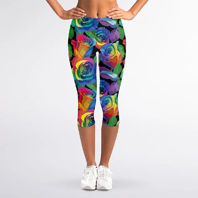 LGBT Pride Rainbow Roses Pattern Print Women's Capri Leggings Comfortable Cold Weather Leggings LGBT Pride Rainbow Roses Pattern Print Women's Capri Leggings Comfortable Cold Weather Leggings