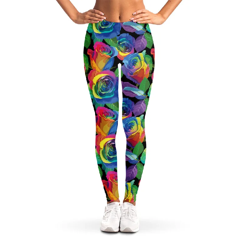 LGBT Pride Rainbow Roses Pattern Print Women's Leggings Trendy Full-Length Leggings
