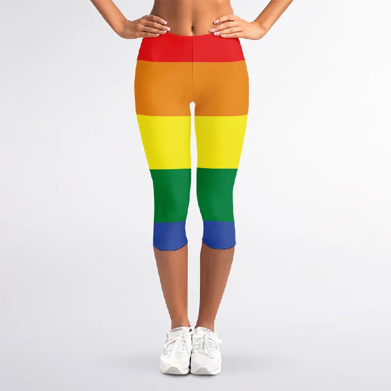 LGBT Pride Rainbow Striped Print Women's Capri Leggings Fashionable Smooth Fit Leggings LGBT Pride Rainbow Striped Print Women's Capri Leggings Fashionable Smooth Fit Leggings