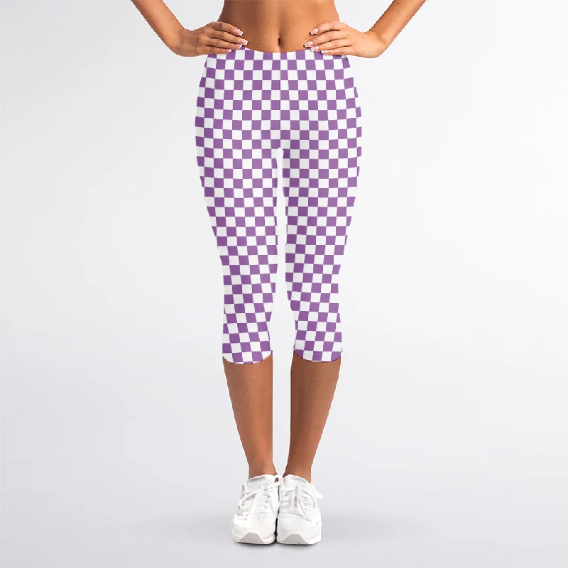 Light Purple And White Checkered Print Women's Capri Leggings Fashionable Quick-Dry Leggings Light Purple And White Checkered Print Women's Capri Leggings Fashionable Quick-Dry Leggings