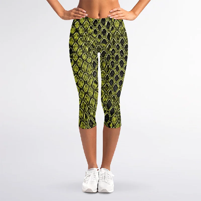 Lime Green And Black Snakeskin Print Women's Capri Leggings Stylish Stretch-Waist Leggings Lime Green And Black Snakeskin Print Women's Capri Leggings Stylish Stretch-Waist Leggings