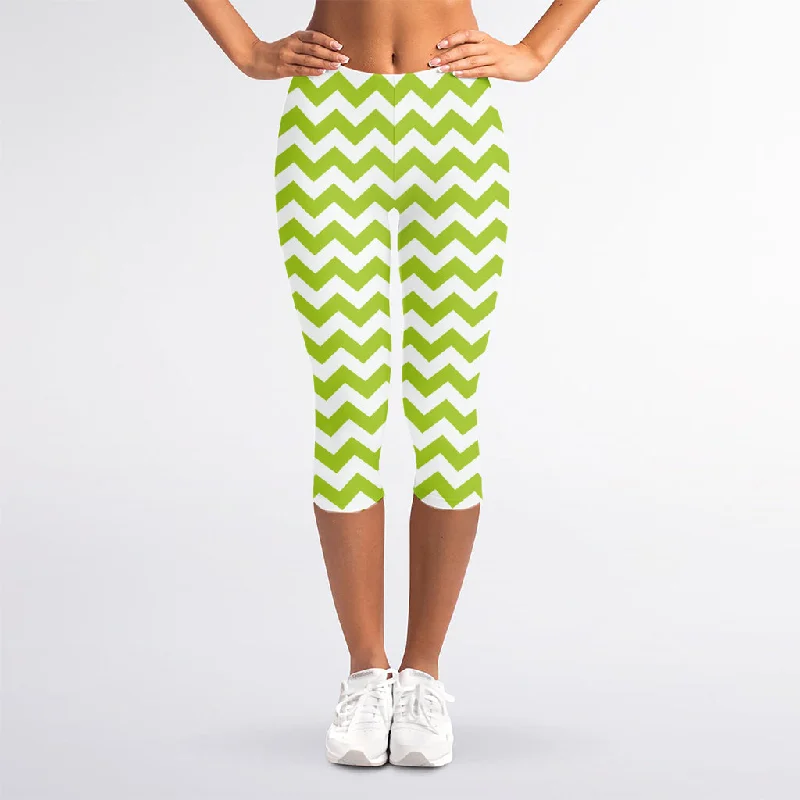 Lime Green And White Chevron Print Women's Capri Leggings Fashionable Tummy Control Leggings Lime Green And White Chevron Print Women's Capri Leggings Fashionable Tummy Control Leggings