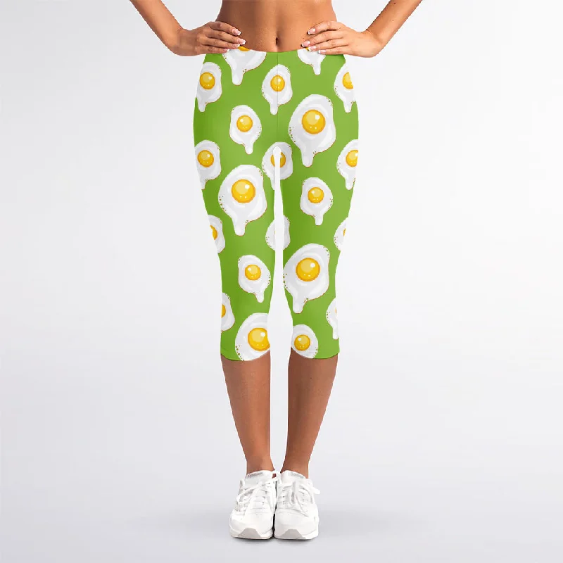 Lime Green Fried Eggs Pattern Print Women's Capri Leggings Stylish Printed Stretch Leggings Lime Green Fried Eggs Pattern Print Women's Capri Leggings Stylish Printed Stretch Leggings