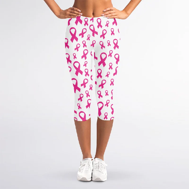 Little Breast Cancer Ribbon Print Women's Capri Leggings Comfortable Compression Leggings Little Breast Cancer Ribbon Print Women's Capri Leggings Comfortable Compression Leggings
