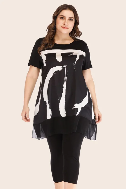 Plus Size Contrast Spliced Mesh T-Shirt and Cropped Leggings Set Cozy Textured Workout Leggings Plus Size Contrast Spliced Mesh T-Shirt and Cropped Leggings Set Cozy Textured Workout Leggings